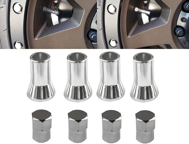 Muzzys C20008 TR414, Universal, TPMS Chrome Valve Stem Sleeve Covers and Cap Dress Up Kit (Set of 4) Fits All TPMS Rubber Valve Stems for All Make and Model Cars and Trucks with Rubber TPMS Sensors - Image 1